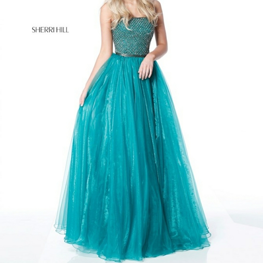 SHERRY HILL Emerald Green prom strapless beaded event pageant dress size 2